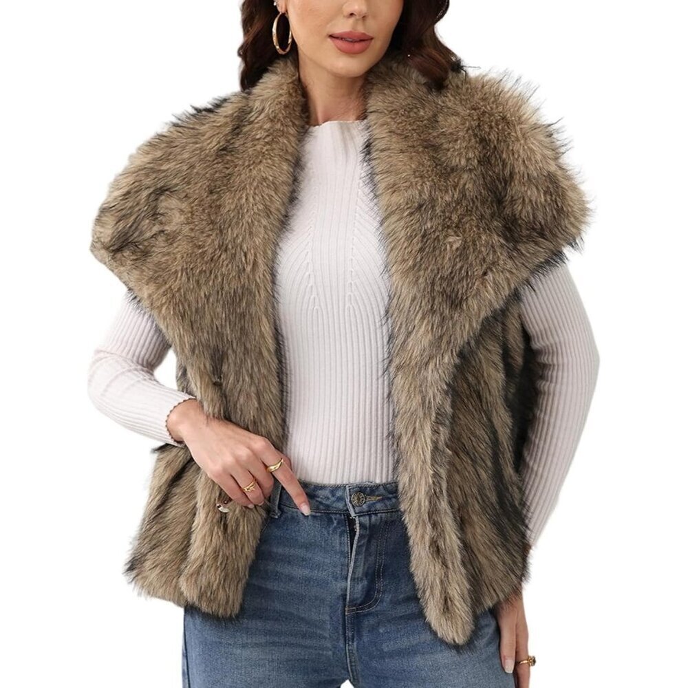 Women's Brown Faux Fur Vest Lapel Collar Sleeveless Furry Jacket Shaggy Warm